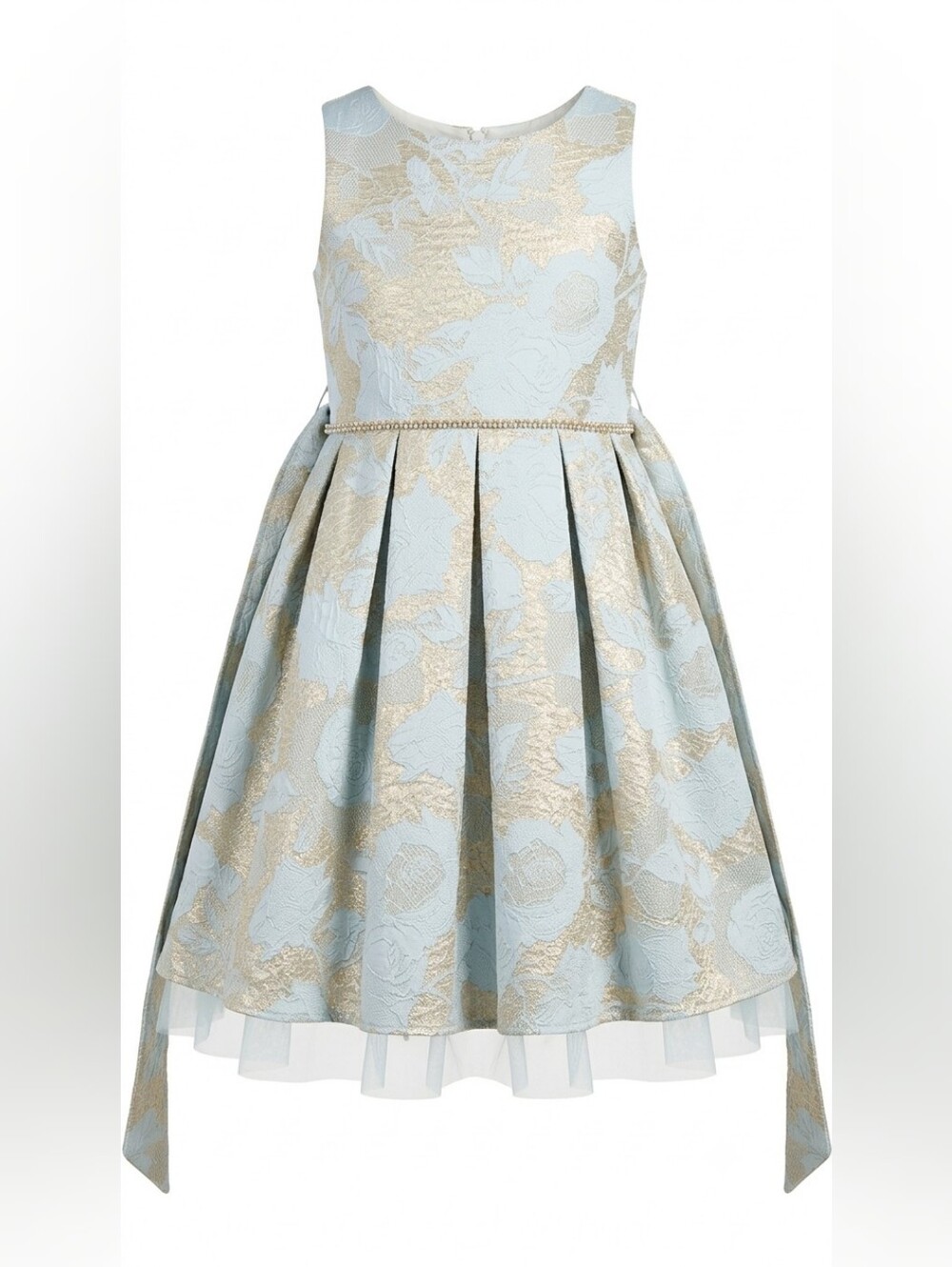 ​Sweet Kids Dillard’s Light Blue & Gold Floral Brocade Dress Size 10
